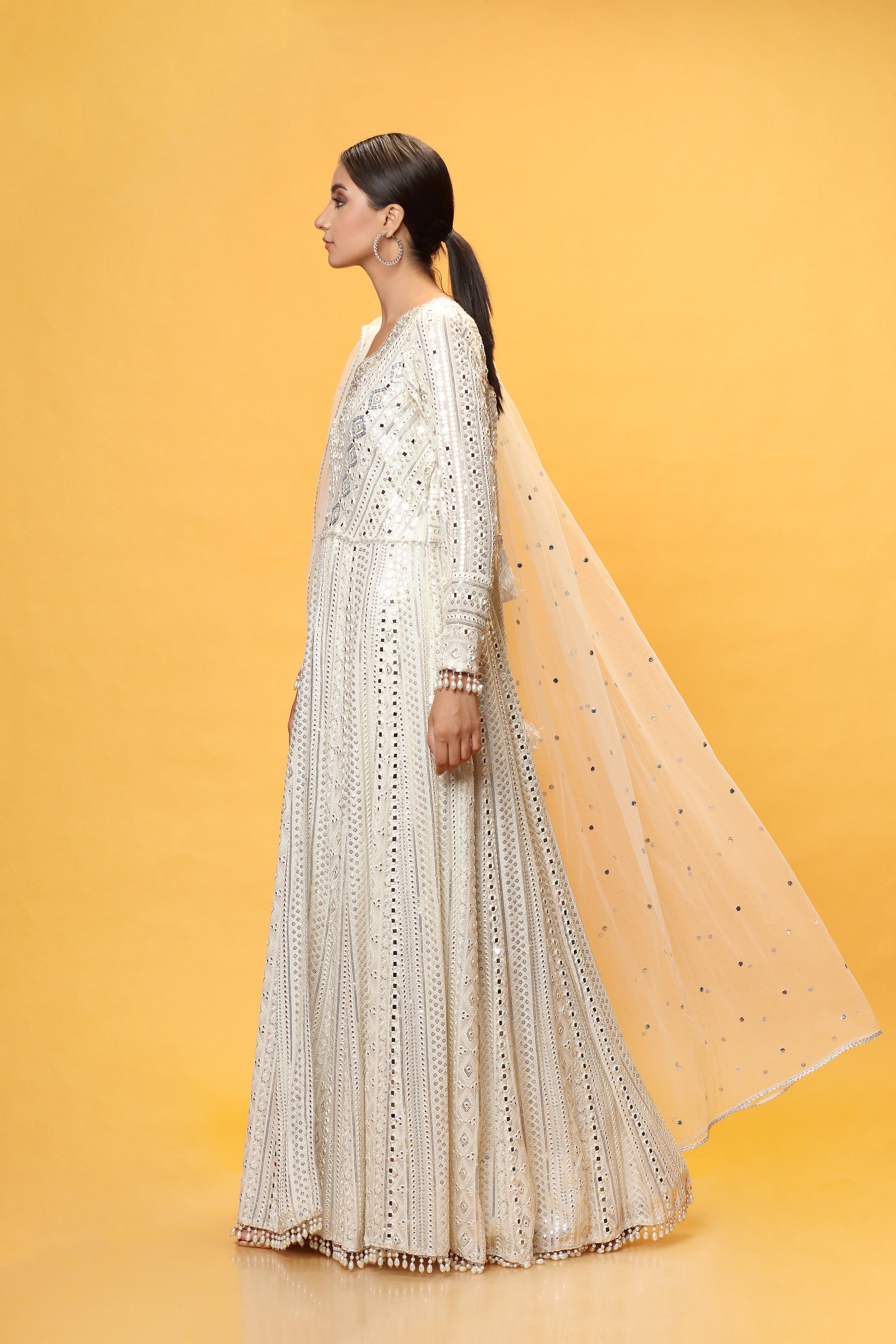 A stunning Dress made in chikanKari with Panni lines. Loaded with mirrors stitched in fabric and intricate stunning work on neckline in pearls.
