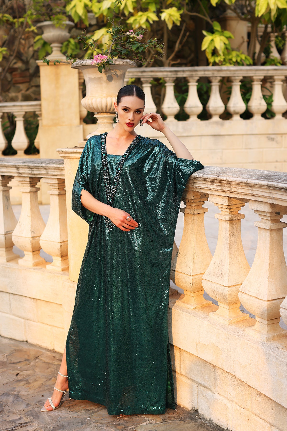 Green Sequins Kaftan – Sophia Pakistan