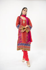 Red Screen Print Kurta Dress