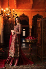 This exquisitely crafted bridal dress is made with utmost skills in zardozi hand embroidery. encrusted with colored semi precious stones, crystals and pearls. The shirt is made in crimson shade of tissue, paired with vintage jamavar in dull tilla