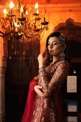 This exquisitely crafted bridal dress is made with utmost skills in zardozi hand embroidery. encrusted with colored semi precious stones, crystals and pearls. The shirt is made in crimson shade of tissue, paired with vintage jamavar in dull tilla