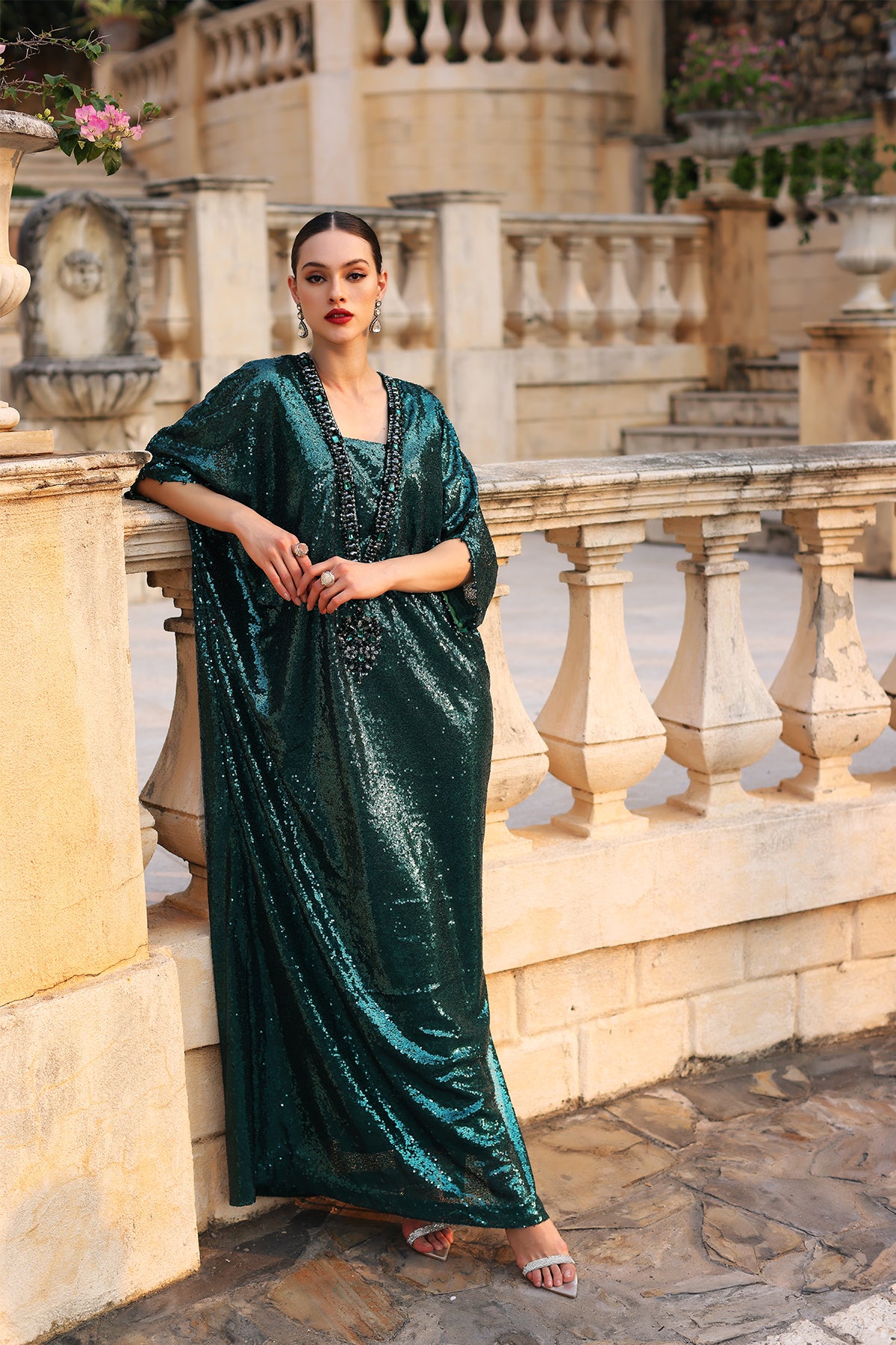 Green Sequins Kaftan – Sophia Pakistan
