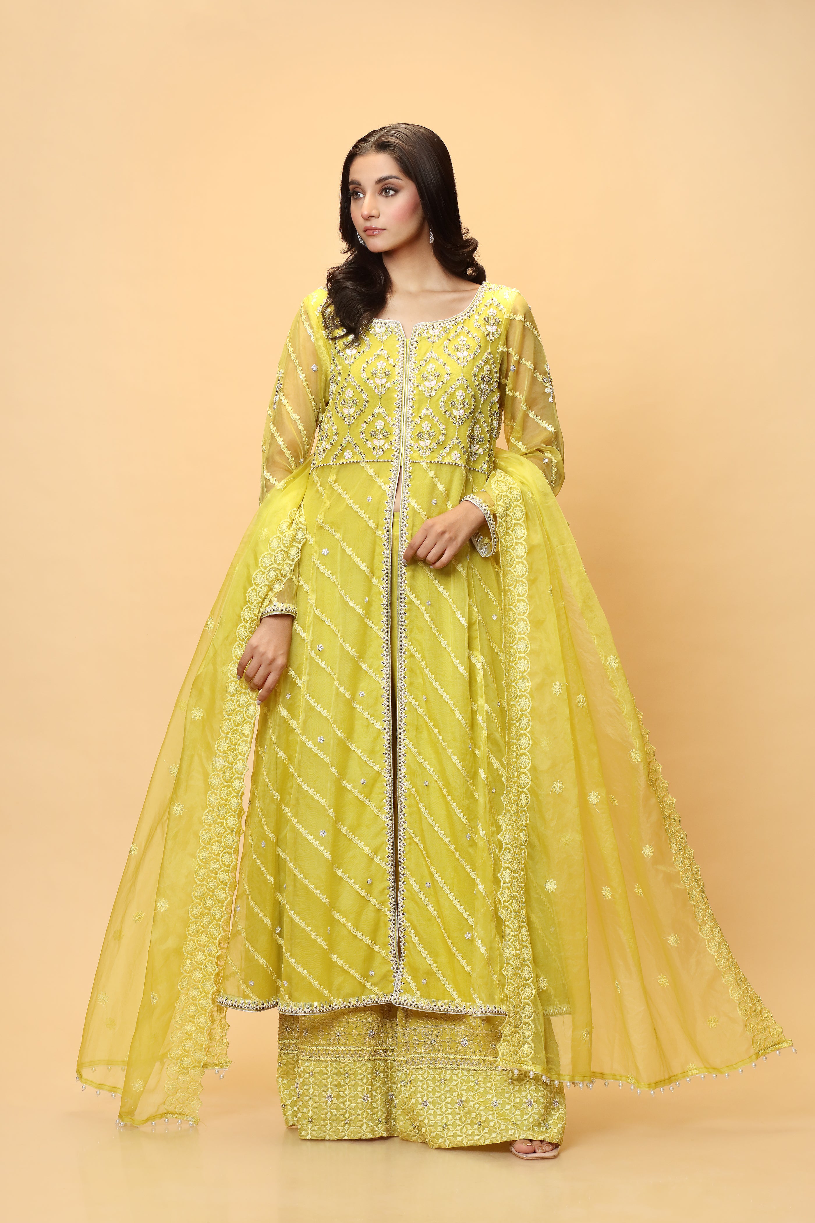 Dress into the elegance of this Peshwas designed from a mix of embroidered organza fabrics.