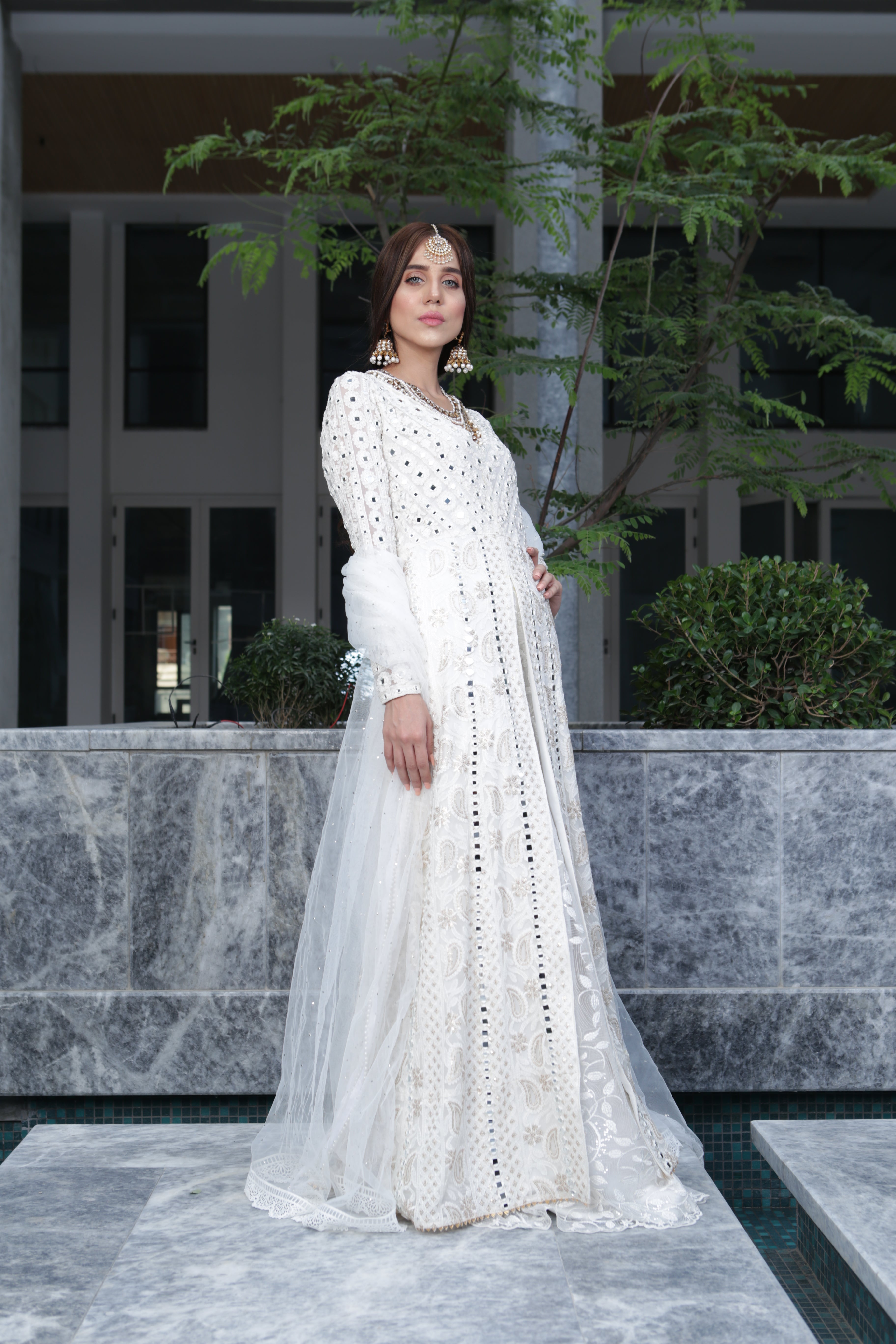 White Sheesh Mahal chikankari dress for Nikkah and Dua e khair